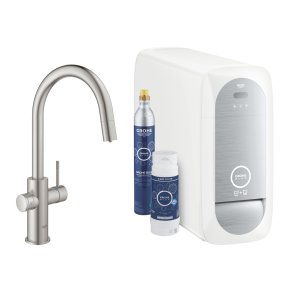 Plautuvės maišytuvo komplektas su ištraukiamu snapu, filtravimo ir gazavimo funkcija GROHE Blue Home, nerūdijančio plieno spalvos 