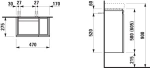 Spintelė praustuvui Laufen PRO S 470x275x605 mm, durų lankstai kairėje, lentynos dešinėje, tinka praustuvui 815955, spalva - grafito