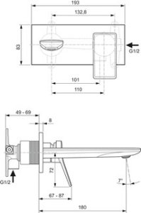 Maišytuvas praustuvui Ideal Standard CONCA, montuojamas iš sienos, (potinkinė dalis A1313NU užsakoma atskirai)