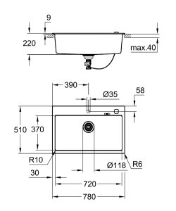 Plautuvė GROHE K700 80C 780x510 uždedama, granito juoda spalva