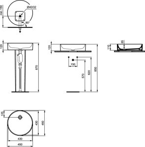 Praustuvas-dubuo Ideal Standard Conca, Ø400mm, be persipylimo, baltas matinis