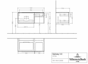 Spintelė apatinė Subway 3.0 1001x422,5x516 lentynėlė dešinėje, Briliant white, chromuotos rankenėlės