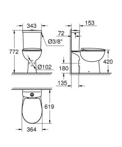 Pastatomas WC unitazas GROHE Bau Ceramic su lėto nusileidimo dangčiu, horizontaliu pajungimu, šoniniu įvadu