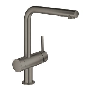 Plautuvės maišytuvas GROHE Minta L su ištraukiama žarna ir pajungimu indaplovei, matinio grafito spalva (Brushed Hard Graphite)
