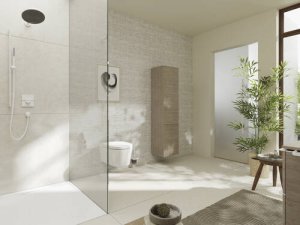 Dušo komplektas HANSGROHE Pulsify S 100, 1 srovės, EcoSmart, su 90 cm dušo stovu, spalva - balta matinė (matt white)