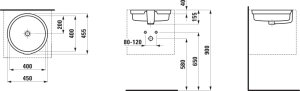 Praustuvas Laufen LIVING 400x400x155 mm, įmontuojamas iš apačios, išorė dengta glazūra, be angos maišytuvui