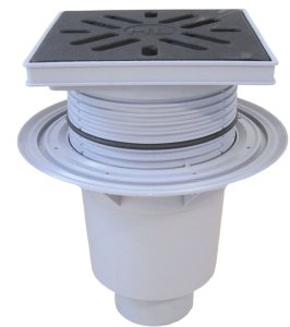 Dvigubas trapas Perfekt DN110, vertikalus, 240x240 PP rėmas, ketaus grotelės 226x226mm, su neužšąlančiu sifonu, 1,5t