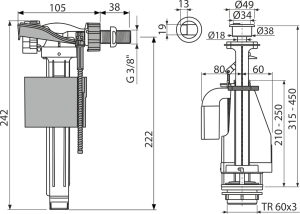 Vandens nuleidimo ir šoninio pripildymo mechanizmo komplektas Alcadrain SA08A 1/8" CHROM, su dvigubu mygtuku