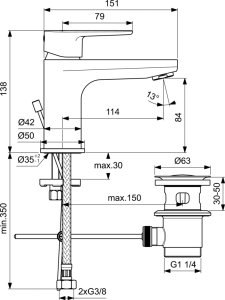 Maišytuvas praustuvui Ideal Standard Cerafine O, H80, su metaliniu dugno vožtuvu, 5 l/min, chromas