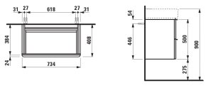 Spintelė praustuvui Laufen SPACE 735x410x520 mm, 2 stalčiai, praustuvui 810285, spalva- balta matinė, su aliuminio rankenėlėmis
