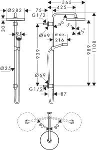 Dušo sistema AXOR One, potinkiniam montavimui, su 280 1jet lietaus dušo galva, nerūdijančio plieno spalvos (Stainless Steel Optic) 