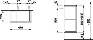 Spintelė praustuvui Laufen PRO S 470x275x605 mm, durų lankstai dešinėje, lentynos kairėje, tinka praustuvui 815954, spalva - grafito