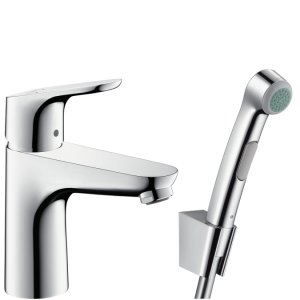 Praustuvo maišytuvas HANSGROHE Focus 100 su rankiniu bidė dušeliu, 1,6 m dušo žarna, dugno vožtuvu