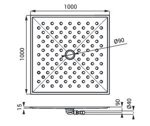 Padėklas dušo Sanela, matmenys: 1000x1000x15mm, nerūdijančio plieno, su sifonu