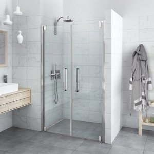 Varstomos dušo durys Hitech HI 2B2/1200 blizgiu profiliu, skaidriu stiklu. Skirtos montuoti į nišą.
