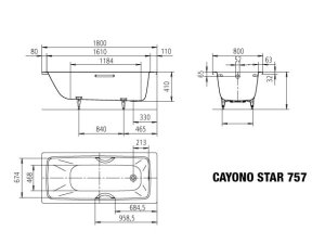 Vonia Cayono Star 757 180x80, easy clean danga, full antislip danga, su skylėmis rankenoms