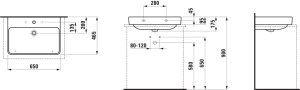 Praustuvas Laufen PRO S 650x465x95 mm, šlifuota apačia, su 3 angomis maišytuvui