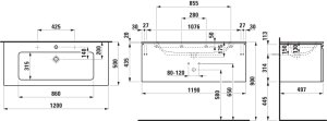 Spintelė su praustuvu Laufen PRO S 1200x500x460 mm, 2 stalčiai (išorinis ir vidinis), 2 angos maišytuvams, spintelės spalva - balta