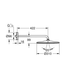 Galva iš sienos Grohe Rainshower Mono 310 su alkūne 422mm 1 srovės 9.5l/min matinė grafito spalva