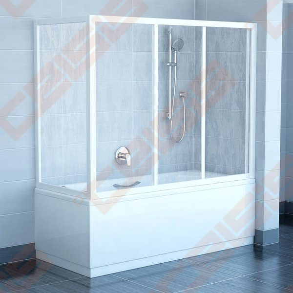 Trijų dalių stumdoma vonios sienelė AVDP3-160 su baltos spalvos profiliu ir  pastiko Rain užpildu | CELSIS