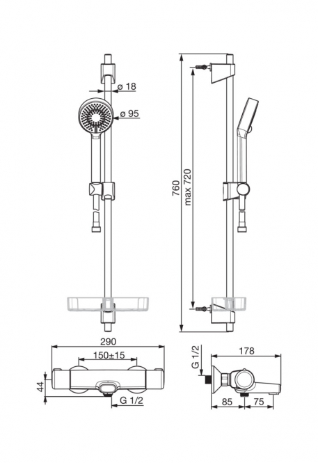 Vonios ir dušo termostatinis maišytuvas ORAS Nova su dušo komplektu | CELSIS
